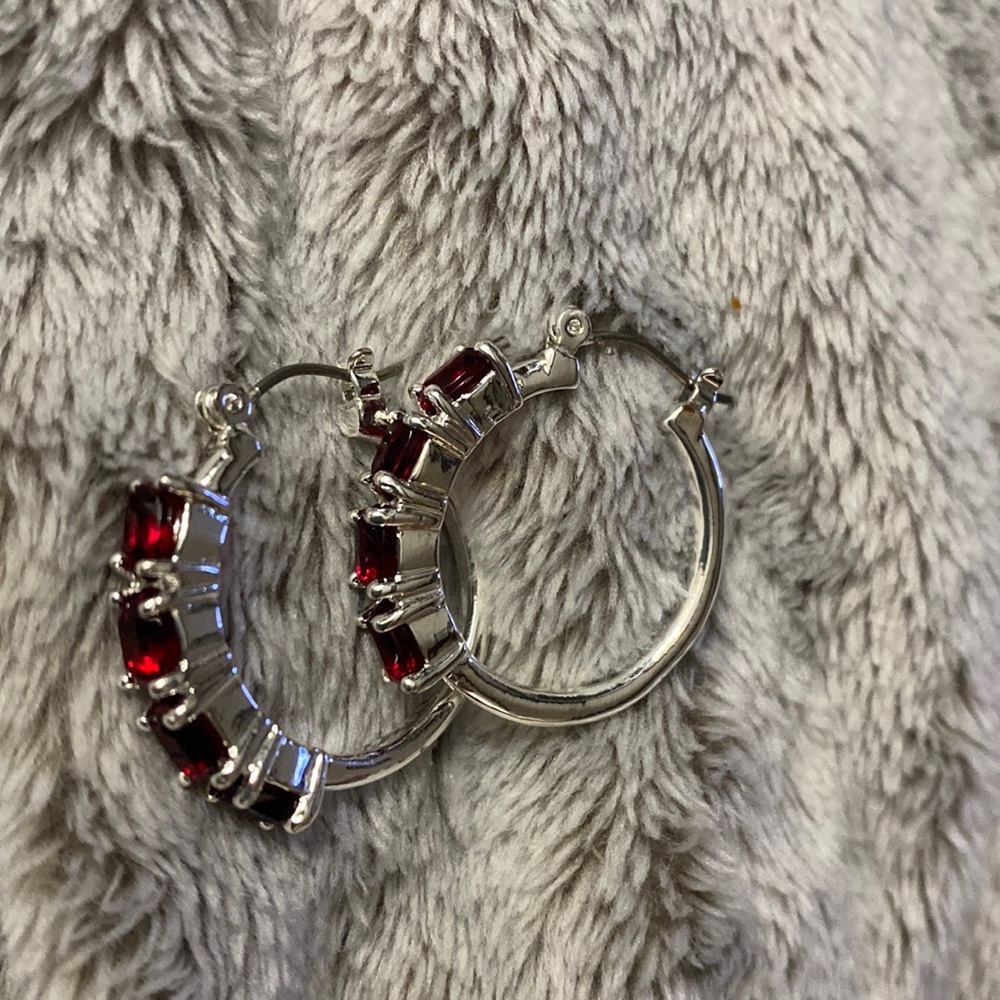 Gorgeous Silver Tone Hoops Ruby Looking Gems - image 1